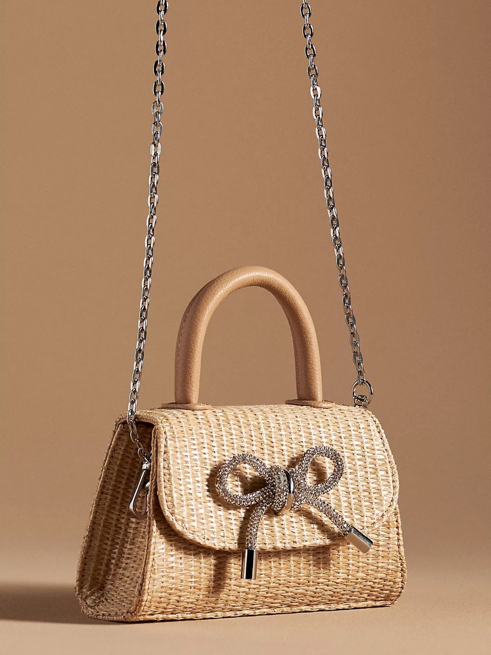 Anthropologie Tan Woven Mini Top-Handle Bag with Rhinestone Bow - Picture 4 of 6